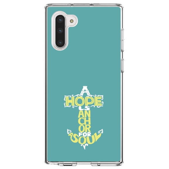 DistinctInk Clear Shockproof Hybrid Case for Samsung Galaxy Note 10 (6.3" Screen) - TPU Bumper, Acrylic Back, Tempered Glass Screen Protector - Hope is an Anchor for a Sould - Yellow Teal