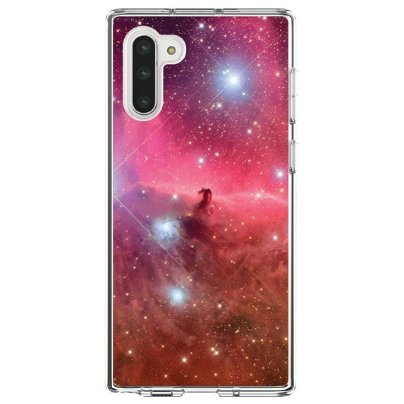 DistinctInk Clear Shockproof Hybrid Case for Samsung Galaxy Note 10 (6.3" Screen) - TPU Bumper, Acrylic Back, Tempered Glass Screen Protector - Horsehead Nebula Pink - Astronomy