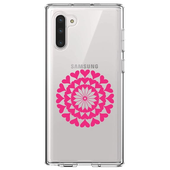 DistinctInk Clear Shockproof Hybrid Case for Samsung Galaxy Note 10 (6.3" Screen) - TPU Bumper Acrylic Back Tempered Glass Screen Protector - Hot Pink Hearts Mandala