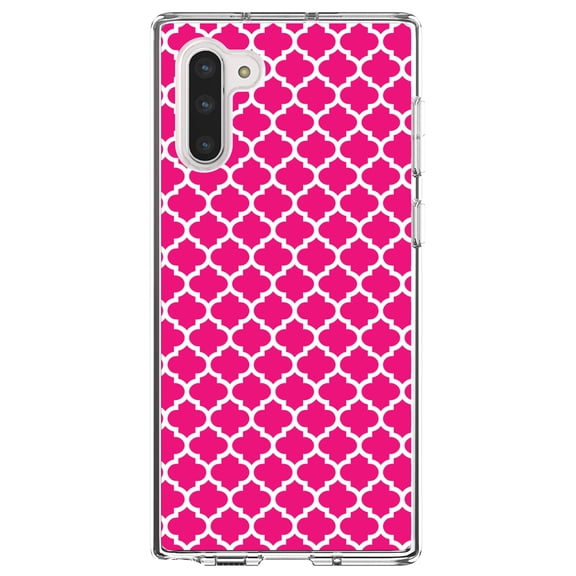 DistinctInk Clear Shockproof Hybrid Case for Samsung Galaxy Note 10 (6.3" Screen) - TPU Bumper, Acrylic Back, Tempered Glass Screen Protector - Hot Pink White Moroccan Lattice