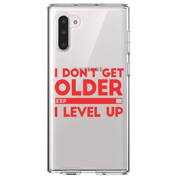 DistinctInk Clear Shockproof Hybrid Case for Samsung Galaxy Note 10 (6.3" Screen) - TPU Bumper Acrylic Back Tempered Glass Screen Protector - I Don't Get Older I Level Up - Gamer