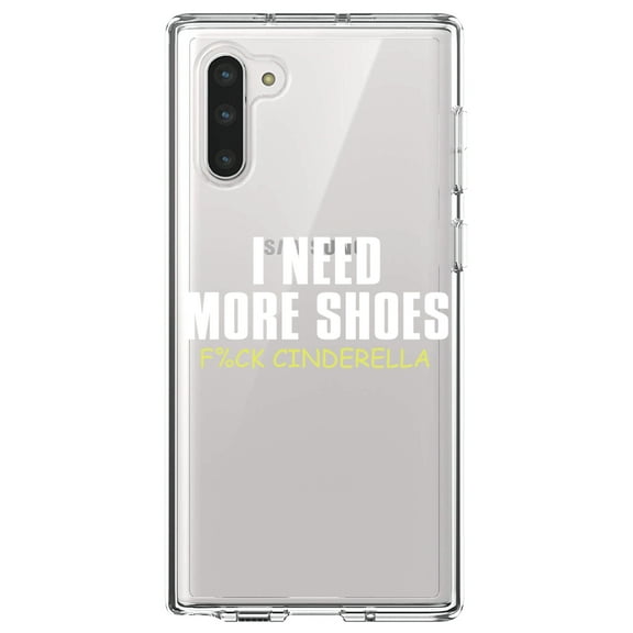 DistinctInk Clear Shockproof Hybrid Case for Samsung Galaxy Note 10 (6.3" Screen) - TPU Bumper Acrylic Back Tempered Glass Screen Protector - I Need More Shoes - F%ck Cinderella