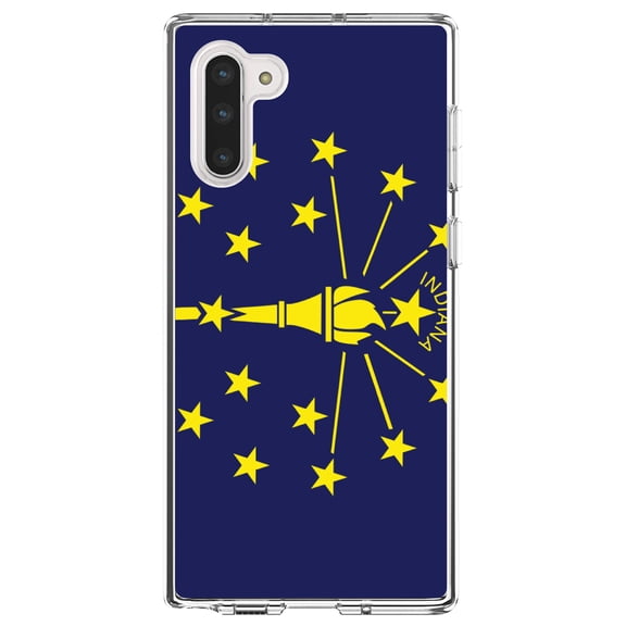 DistinctInk Clear Shockproof Hybrid Case for Samsung Galaxy Note 10 (6.3" Screen) - TPU Bumper, Acrylic Back, Tempered Glass Screen Protector - Indiana State Flag - US State Flag