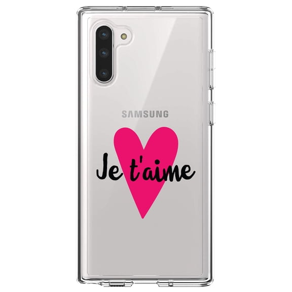 DistinctInk Clear Shockproof Hybrid Case for Samsung Galaxy Note 10 (6.3" Screen) - TPU Bumper Acrylic Back Tempered Glass Screen Protector - Je T'Aime - Pink Heart