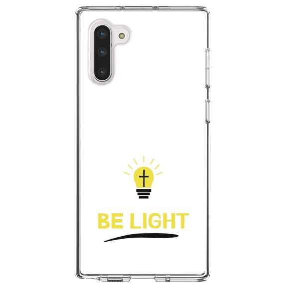 DistinctInk Clear Shockproof Hybrid Case for Samsung Galaxy Note 10 (6.3" Screen) - TPU Bumper, Acrylic Back, Tempered Glass Screen Protector - BE LIGHT - Cross in a Light Bulb
