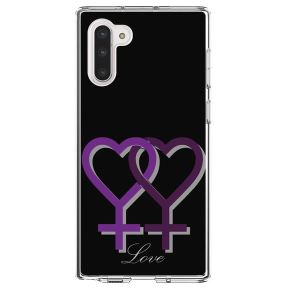 DistinctInk Clear Shockproof Hybrid Case for Samsung Galaxy Note 10 (6.3" Screen) - TPU Bumper, Acrylic Back, Tempered Glass Screen Protector - Lesbian Purple Symbols Love - LGBTQ Support