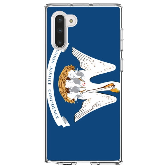 DistinctInk Clear Shockproof Hybrid Case for Samsung Galaxy Note 10 (6.3" Screen) - TPU Bumper, Acrylic Back, Tempered Glass Screen Protector - Louisiana State Flag - US State Flag
