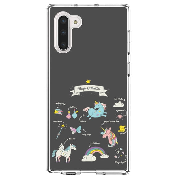DistinctInk Clear Shockproof Hybrid Case for Samsung Galaxy Note 10 (6.3" Screen) - TPU Bumper, Acrylic Back, Tempered Glass Screen Protector - Magic Collection Grey - Unicorn, Rainbow