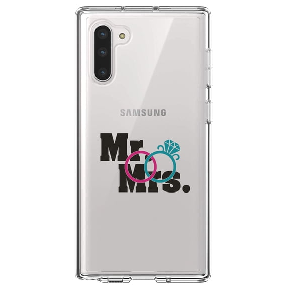 DistinctInk Clear Shockproof Hybrid Case for Samsung Galaxy Note 10 (6.3" Screen) - TPU Bumper Acrylic Back Tempered Glass Screen Protector - Mr. & Mrs. Wedding Rings