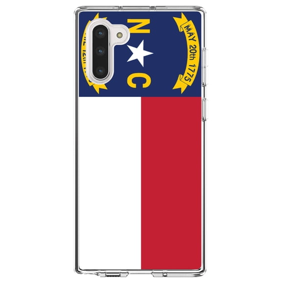 DistinctInk Clear Shockproof Hybrid Case for Samsung Galaxy Note 10 (6.3" Screen) - TPU Bumper, Acrylic Back, Tempered Glass Screen Protector - North Carolina State Flag - US State Flag