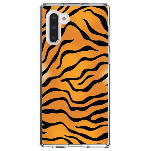 DistinctInk Clear Shockproof Hybrid Case for Samsung Galaxy Note 10 (6.3" Screen) - TPU Bumper, Acrylic Back, Tempered Glass Screen Protector - Orange Black White Tiger Skin Print - Animal Print