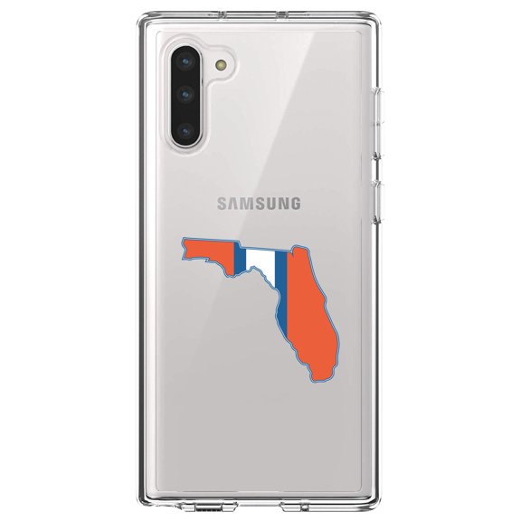 DistinctInk Clear Shockproof Hybrid Case for Samsung Galaxy Note 10 (6.3" Screen) - TPU Bumper Acrylic Back Tempered Glass Screen Protector - Orange & Blue State of Florida