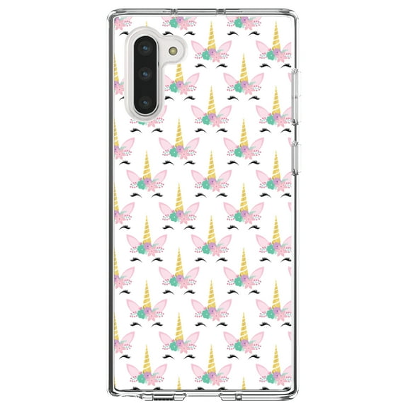 DistinctInk Clear Shockproof Hybrid Case for Samsung Galaxy Note 10 (6.3" Screen) - TPU Bumper, Acrylic Back, Tempered Glass Screen Protector - Pastel Unicorn Pattern - White Pink Teal