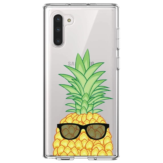 DistinctInk Clear Shockproof Hybrid Case for Samsung Galaxy Note 10 (6.3" Screen) - TPU Bumper, Acrylic Back, Tempered Glass Screen Protector - Pineapple Top with Shades