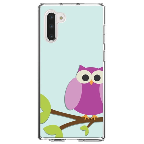 DistinctInk Clear Shockproof Hybrid Case for Samsung Galaxy Note 10 (6.3" Screen) - TPU Bumper, Acrylic Back, Tempered Glass Screen Protector - Pink Owl Cartoon - Cartoon Owls