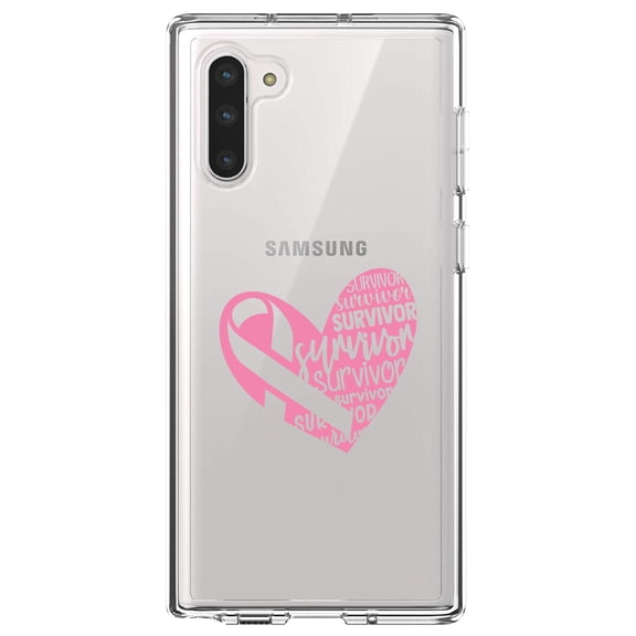 DistinctInk Clear Shockproof Hybrid Case for Samsung Galaxy Note 10 (6.3" Screen) - TPU Bumper Acrylic Back Tempered Glass Screen Protector - Pink Ribbon Cancer - Survivor Heart