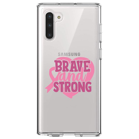 DistinctInk Clear Shockproof Hybrid Case for Samsung Galaxy Note 10 (6.3" Screen) - TPU Bumper Acrylic Back Tempered Glass Screen Protector - Pink Ribbon Cancer - Brave & Strong