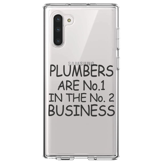 DistinctInk Clear Shockproof Hybrid Case for Samsung Galaxy Note 10 (6.3" Screen) - TPU Bumper Acrylic Back Tempered Glass Screen Protector - Plumbers #1 in the #2 Business