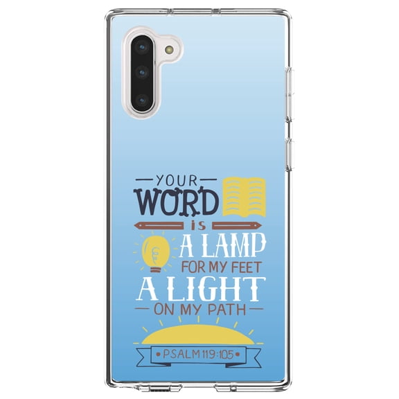 DistinctInk Clear Shockproof Hybrid Case for Samsung Galaxy Note 10 (6.3" Screen) - TPU Bumper, Acrylic Back, Tempered Glass Screen Protector - Psalm 119:105 - World is a Lamp, A Light on My Path
