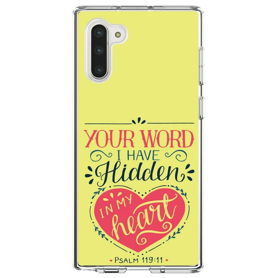 DistinctInk Clear Shockproof Hybrid Case for Samsung Galaxy Note 10 (6.3" Screen) - TPU Bumper, Acrylic Back, Tempered Glass Screen Protector - Psalm 119:11 - Your Word I have Hidden in My Heart