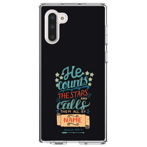 DistinctInk Clear Shockproof Hybrid Case for Samsung Galaxy Note 10 (6.3" Screen) - TPU Bumper, Acrylic Back, Tempered Glass Screen Protector - Psalm 147:4 - He Counts the Stars Calls Them By Name