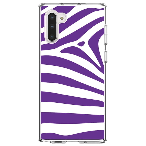 DistinctInk Clear Shockproof Hybrid Case for Samsung Galaxy Note 10 (6.3" Screen) - TPU Bumper, Acrylic Back, Tempered Glass Screen Protector - Purple & White Zebra Skin Stripes