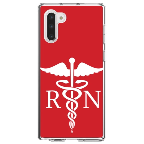 DistinctInk Clear Shockproof Hybrid Case for Samsung Galaxy Note 10 (6.3" Screen) - TPU Bumper, Acrylic Back, Tempered Glass Screen Protector - RN Registered Nurse Symbol - Support for Nurses