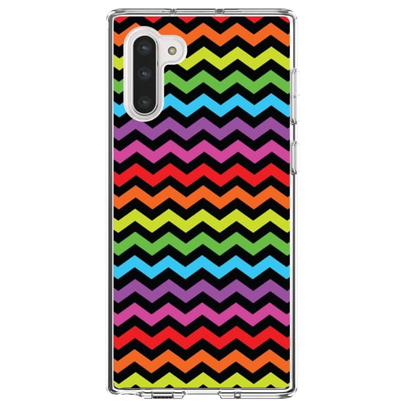 DistinctInk Clear Shockproof Hybrid Case for Samsung Galaxy Note 10 (6.3" Screen) - TPU Bumper, Acrylic Back, Tempered Glass Screen Protector - Rainbow Black Stripes Wave - Stripes Pattern