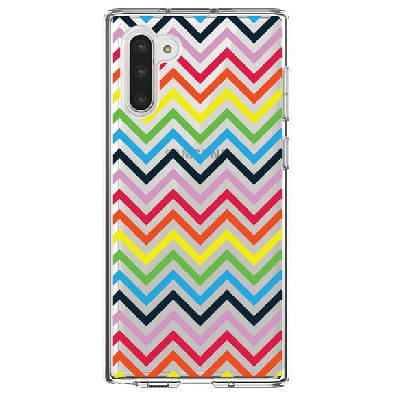 DistinctInk Clear Shockproof Hybrid Case for Samsung Galaxy Note 10 (6.3" Screen) - TPU Bumper, Acrylic Back, Tempered Glass Screen Protector - Rainbow Chevron
