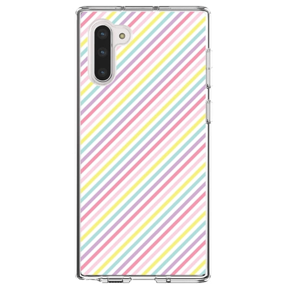 DistinctInk Clear Shockproof Hybrid Case for Samsung Galaxy Note 10 (6.3" Screen) - TPU Bumper, Acrylic Back, Tempered Glass Screen Protector - Rainbow Diagonal Stripes Pattern