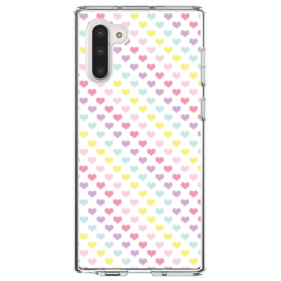 DistinctInk Clear Shockproof Hybrid Case for Samsung Galaxy Note 10 (6.3" Screen) - TPU Bumper, Acrylic Back, Tempered Glass Screen Protector - Rainbow Hearts Diagonal Pattern