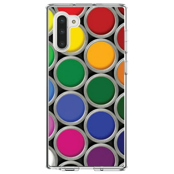 DistinctInk Clear Shockproof Hybrid Case for Samsung Galaxy Note 10 (6.3" Screen) - TPU Bumper, Acrylic Back, Tempered Glass Screen Protector - Rainbow Paint Cans - Rainbow Art Supplies