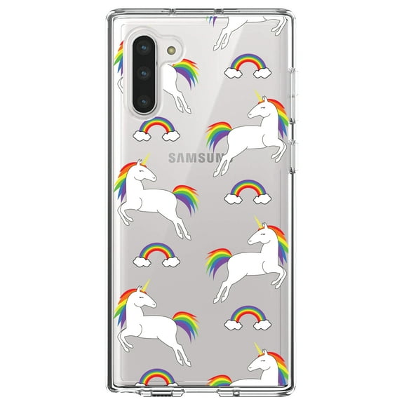 DistinctInk Clear Shockproof Hybrid Case for Samsung Galaxy Note 10 (6.3" Screen) - TPU Bumper, Acrylic Back, Tempered Glass Screen Protector - Rainbows & Unicorns