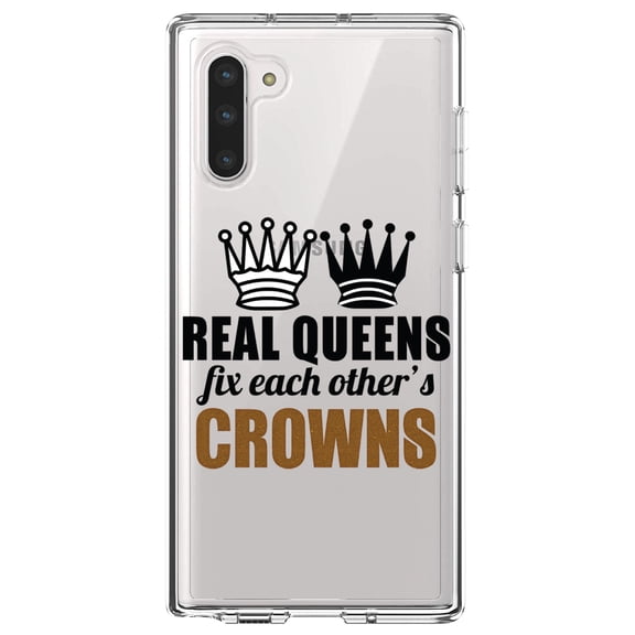 DistinctInk Clear Shockproof Hybrid Case for Samsung Galaxy Note 10 (6.3" Screen) - TPU Bumper Acrylic Back Tempered Glass Screen Protector - Real Queens Fix Each Other's Crowns