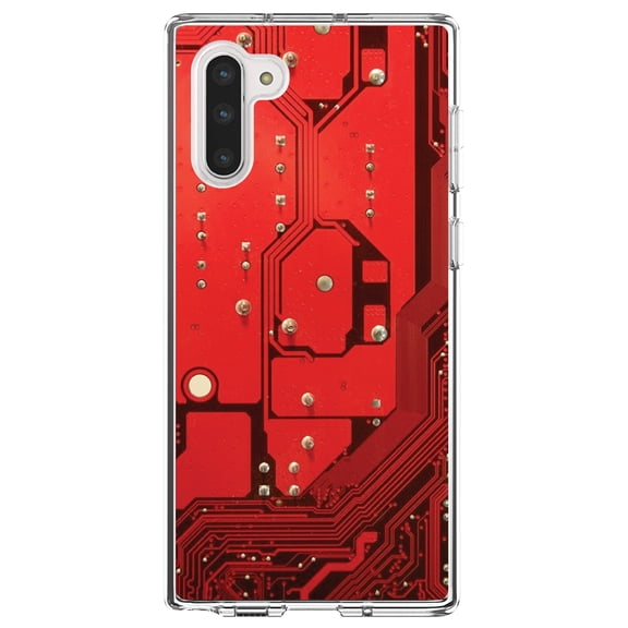 DistinctInk Clear Shockproof Hybrid Case for Samsung Galaxy Note 10 (6.3" Screen) - TPU Bumper, Acrylic Back, Tempered Glass Screen Protector - Red Circuit Board Image - Printed Circuit Board Image
