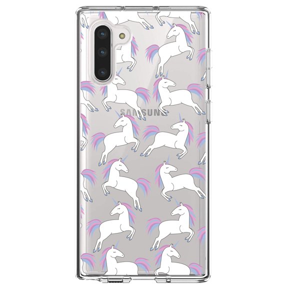DistinctInk Clear Shockproof Hybrid Case for Samsung Galaxy Note 10 (6.3" Screen) - TPU Bumper, Acrylic Back, Tempered Glass Screen Protector - Repeating Pastel Unicorns