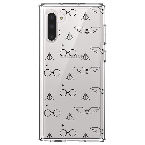 DistinctInk Clear Shockproof Hybrid Case for Samsung Galaxy Note 10 (6.3" Screen) - TPU Bumper, Acrylic Back, Tempered Glass Screen Protector - Round Glasses with Symbol and Snitch