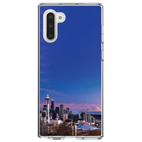 DistinctInk Clear Shockproof Hybrid Case for Samsung Galaxy Note 10 (6.3" Screen) - TPU Bumper, Acrylic Back, Tempered Glass Screen Protector - Seattle Skyline Night - Seattle