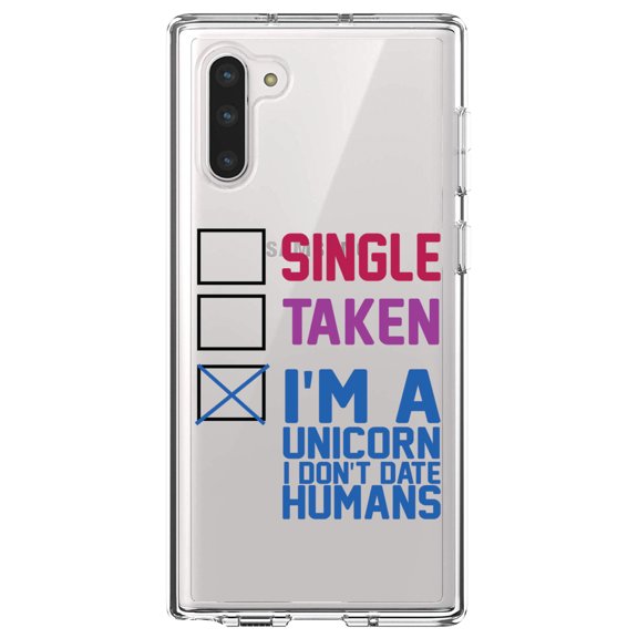 DistinctInk Clear Shockproof Hybrid Case for Samsung Galaxy Note 10 (6.3" Screen) - TPU Bumper Acrylic Back Tempered Glass Screen Protector - Single Taken I'm a Unicorn Don't Date Humans