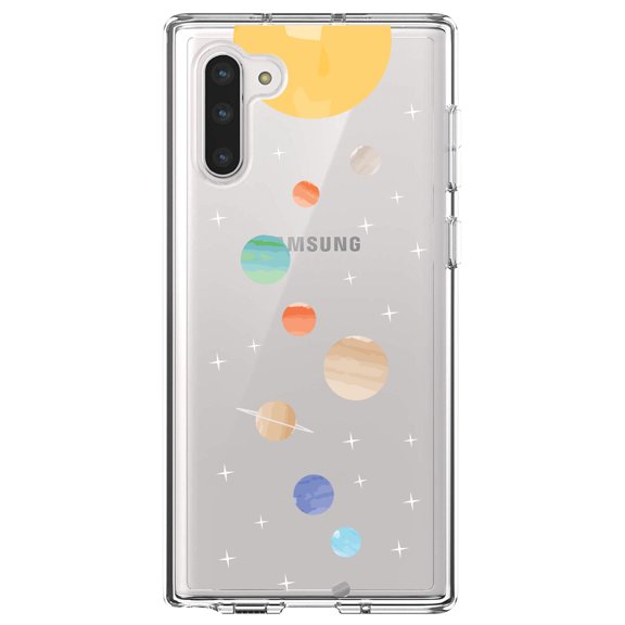 DistinctInk Clear Shockproof Hybrid Case for Samsung Galaxy Note 10 (6.3" Screen) - TPU Bumper, Acrylic Back, Tempered Glass Screen Protector - Solar System - Planets with Sun
