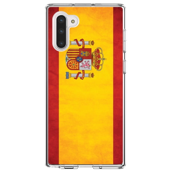 DistinctInk Clear Shockproof Hybrid Case for Samsung Galaxy Note 10 (6.3" Screen) - TPU Bumper, Acrylic Back, Tempered Glass Screen Protector - Spain Old Weathered Spanish Flag Red Yellow - Spain