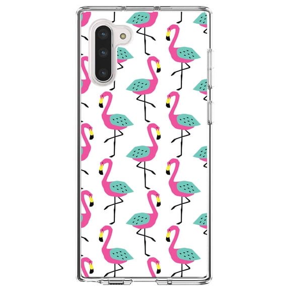 DistinctInk Clear Shockproof Hybrid Case for Samsung Galaxy Note 10 (6.3" Screen) - TPU Bumper, Acrylic Back, Tempered Glass Screen Protector - Summer Graphics - Flamingo Pattern - Pink