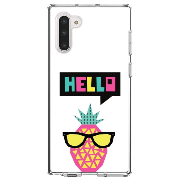 DistinctInk Clear Shockproof Hybrid Case for Samsung Galaxy Note 10 (6.3" Screen) - TPU Bumper, Acrylic Back, Tempered Glass Screen Protector - Summer Graphics - Hello Cartoon Pineapple