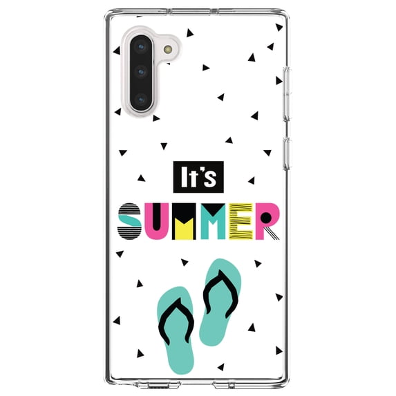 DistinctInk Clear Shockproof Hybrid Case for Samsung Galaxy Note 10 (6.3" Screen) - TPU Bumper, Acrylic Back, Tempered Glass Screen Protector - Summer Graphics - It's Summer Cartoon Flip Flops