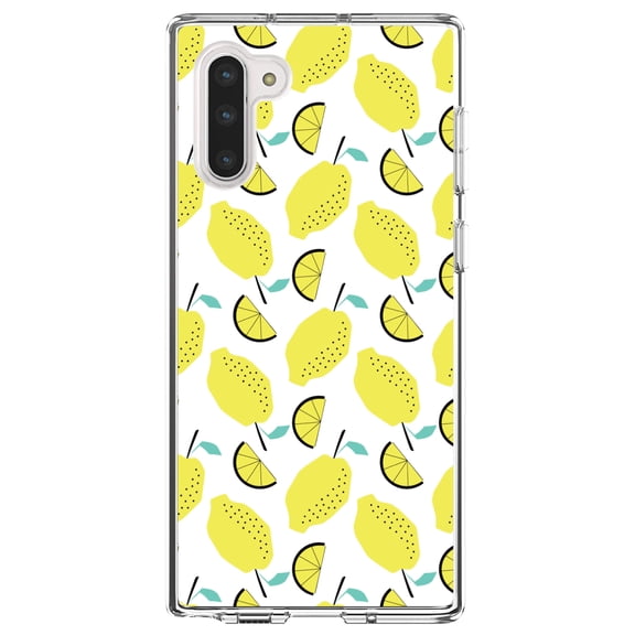 DistinctInk Clear Shockproof Hybrid Case for Samsung Galaxy Note 10 (6.3" Screen) - TPU Bumper, Acrylic Back, Tempered Glass Screen Protector - Summer Graphics - Lemon Pattern - Lemonade