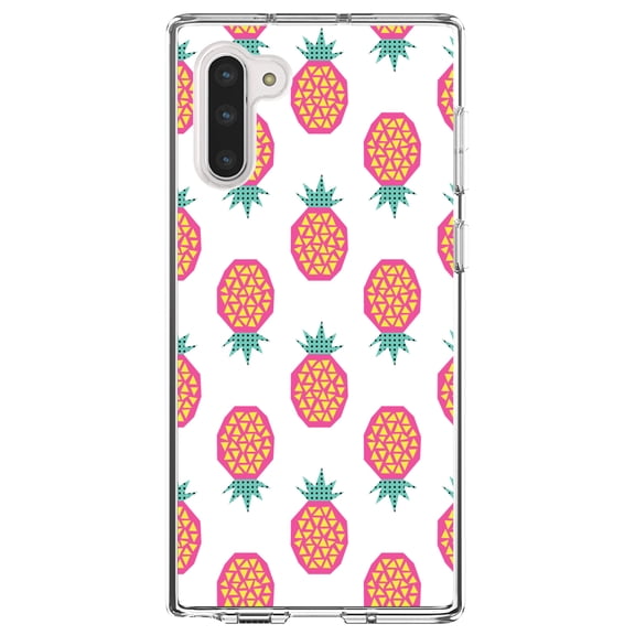 DistinctInk Clear Shockproof Hybrid Case for Samsung Galaxy Note 10 (6.3" Screen) - TPU Bumper, Acrylic Back, Tempered Glass Screen Protector - Summer Graphics - Pineapple Pattern - Pink
