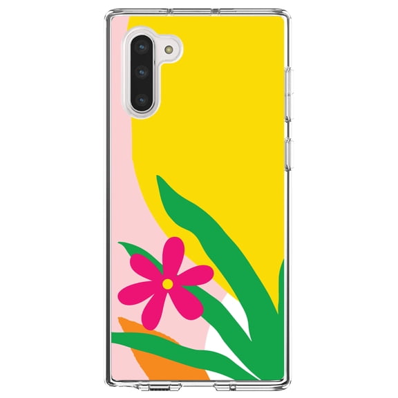 DistinctInk Clear Shockproof Hybrid Case for Samsung Galaxy Note 10 (6.3" Screen) - TPU Bumper, Acrylic Back, Tempered Glass Screen Protector - Summer Vibes Bold Flower Pink Green Yellow
