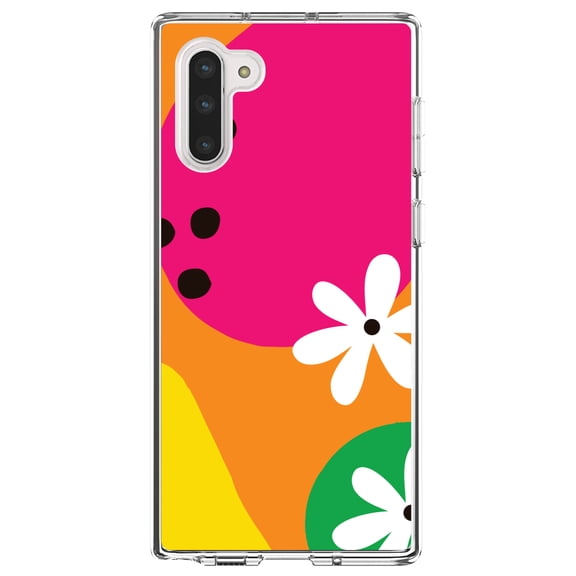 DistinctInk Clear Shockproof Hybrid Case for Samsung Galaxy Note 10 (6.3" Screen) - TPU Bumper, Acrylic Back, Tempered Glass Screen Protector - Summer Vibes Bold Flower Orange Pink Yellow