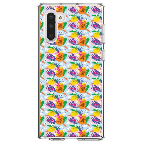 DistinctInk Clear Shockproof Hybrid Case for Samsung Galaxy Note 10 (6.3" Screen) - TPU Bumper, Acrylic Back, Tempered Glass Screen Protector - Summer Vibes Floral Pattern Orange Blue Green