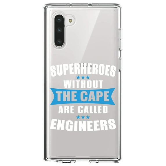 DistinctInk Clear Shockproof Hybrid Case for Samsung Galaxy Note 10 (6.3" Screen) - TPU Bumper Acrylic Back Tempered Glass Screen Protector - Superheroes Without Cape are Engineers